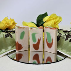 By the Sea Soap Shoppe Apple and Spice soap and smells just like an apple pie!  The bar is off white with green and red swirls. Moisturizing, natural ingredients, vegan. $7.00 each or 3 for $20.00, mix or match. Handmade in Prince Edward Island, Canada