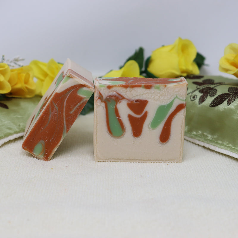 By the Sea Soap Shoppe Apple and Spice soap and smells just like an apple pie!  The bar is off white with green and red swirls. Moisturizing, natural ingredients, vegan. $7.00 each or 3 for $20.00, mix or match. Handmade in Prince Edward Island, Canada