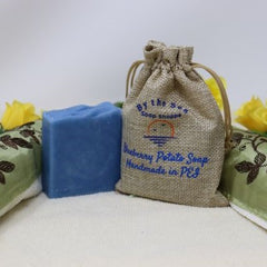 By the Sea Soap Shoppe Blueberry Potato Soap is a blue bar with the scent of a ripe blueberry field. $7.00 each, vegan, handmade in Prince Edward Island